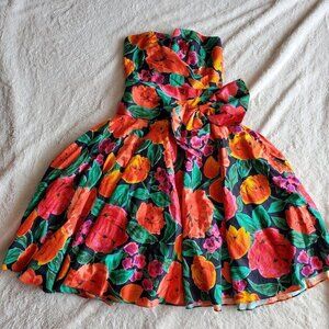 VTG A.J. Bari Black Pink Orange Floral Strapless Beachy Bow Formal‎ Prom Dress 4